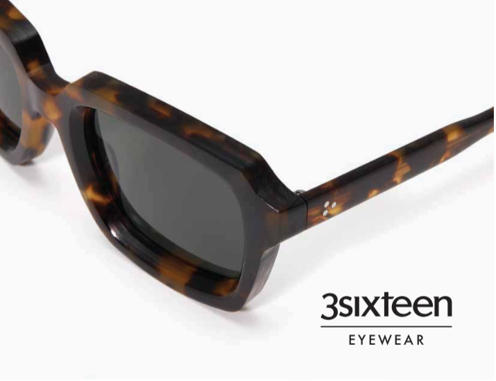 Close-up of 3sixteen tortoiseshell frame sunglasses with dark lenses from Iron Shop Provisions