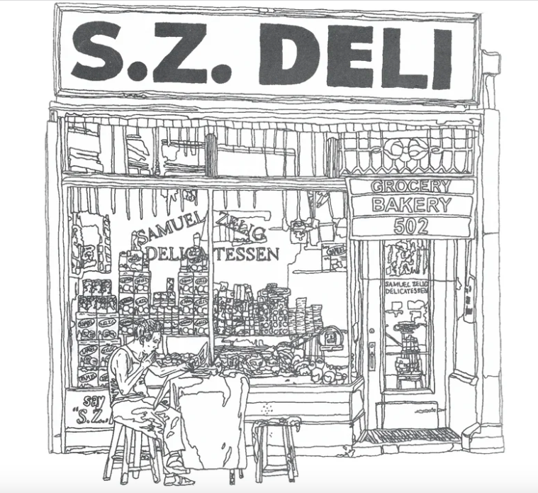 Black and white line art of S.Z. Deli storefront with stacked goods and a person sitting on a stool eating