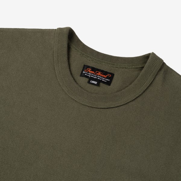 Olive green crew neck sweater with Iron Shop Provisions label in size large