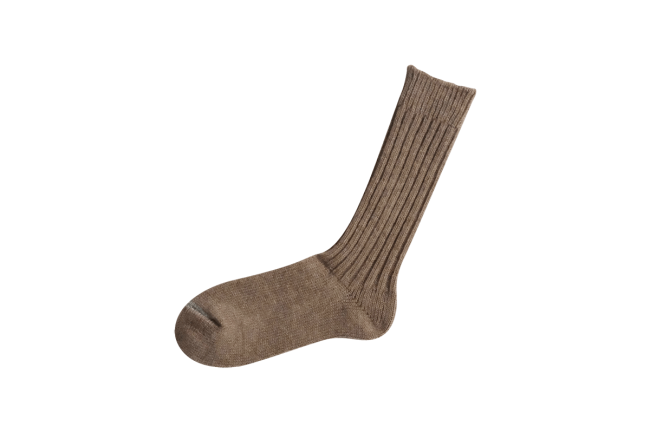 Single brown ribbed wool sock, durable workwear style on white background