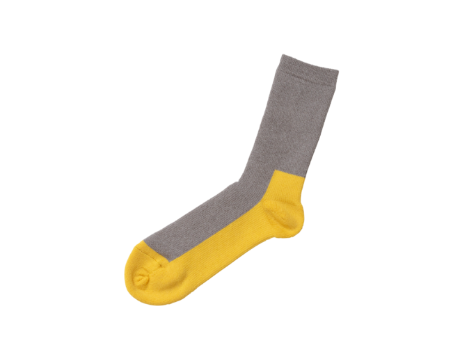 Gray and yellow crew sock with reinforced heel and toe by Iron Shop Provisions