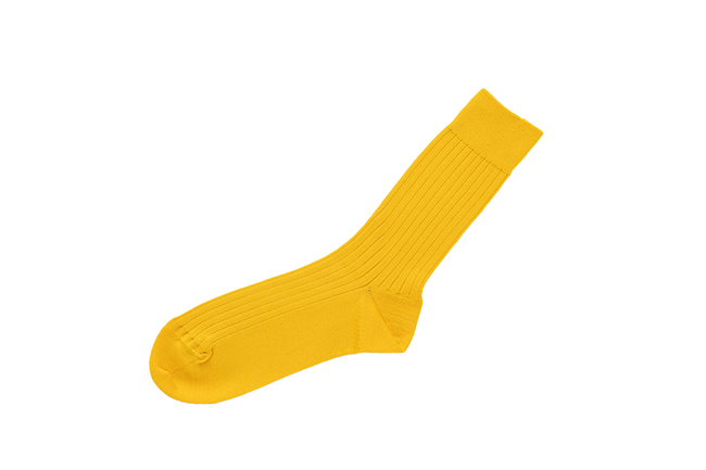 Bright yellow ribbed crew sock, single piece isolated on white background, Iron Shop Provisions