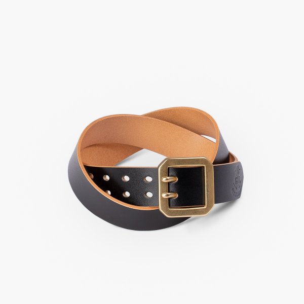 Black leather belt with double prong brass buckle and multiple adjustment holes, stylish and durable