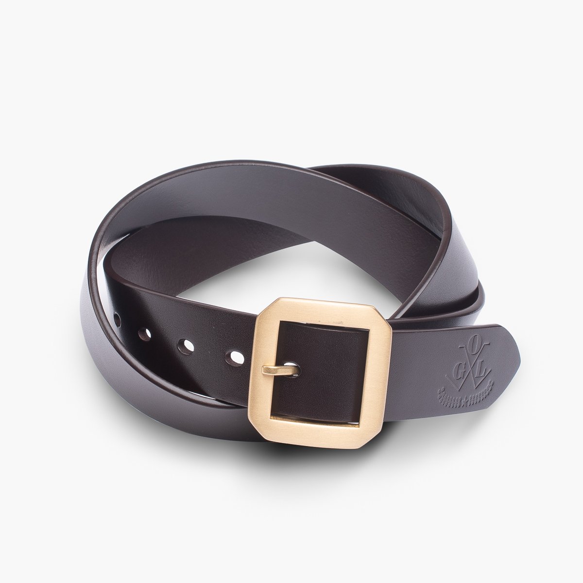 Dark brown leather belt with square brass buckle and embossed logo on white background
