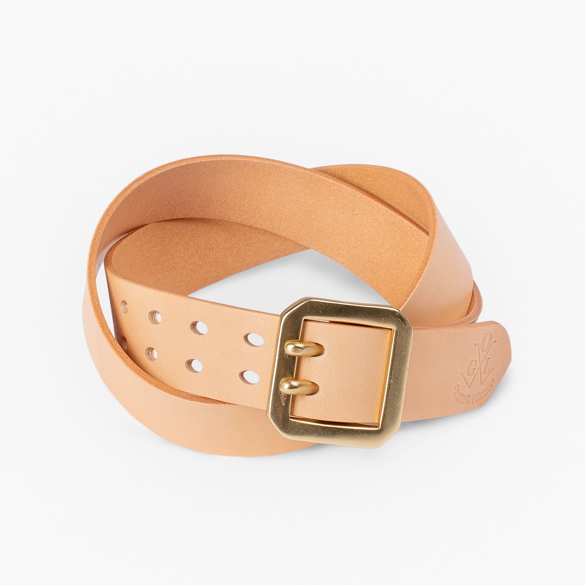 Natural tan leather belt with square brass buckle and embossed logo detail