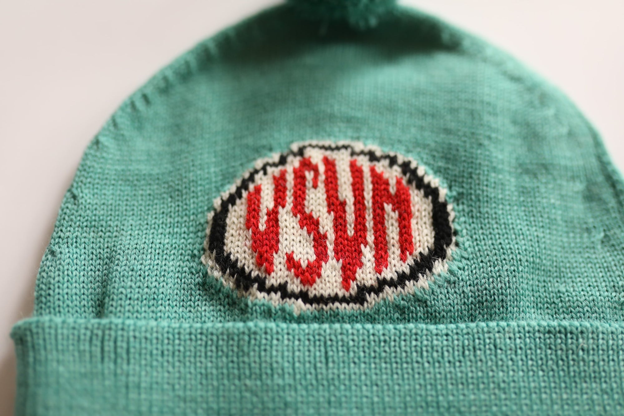closeup shot of teal beanie with logo 