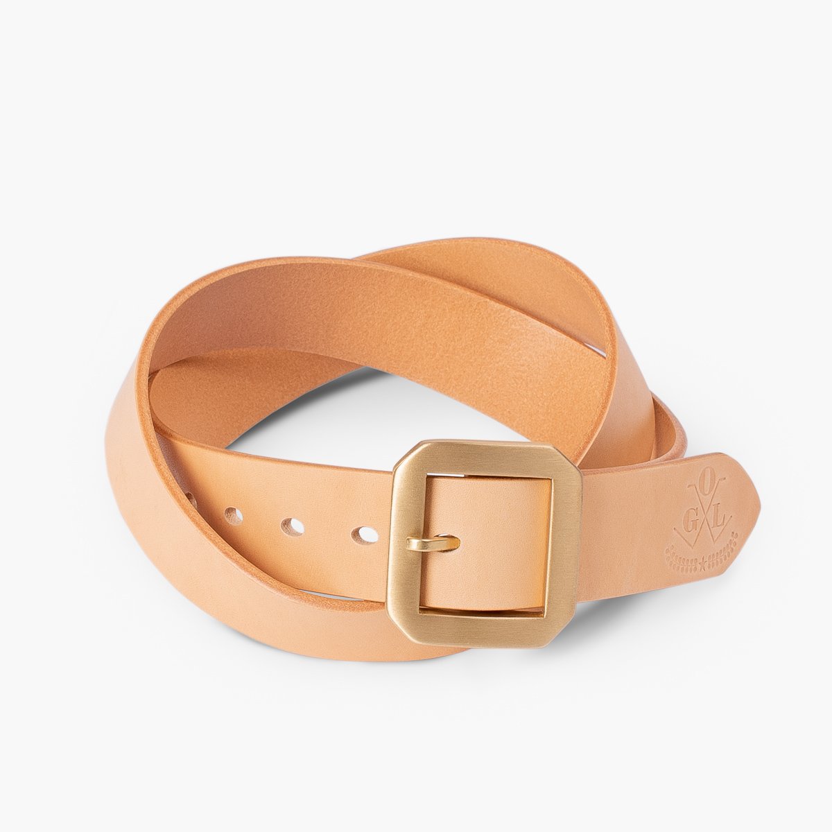Natural tan leather belt with square brass buckle and embossed logo from Iron Shop Provisions