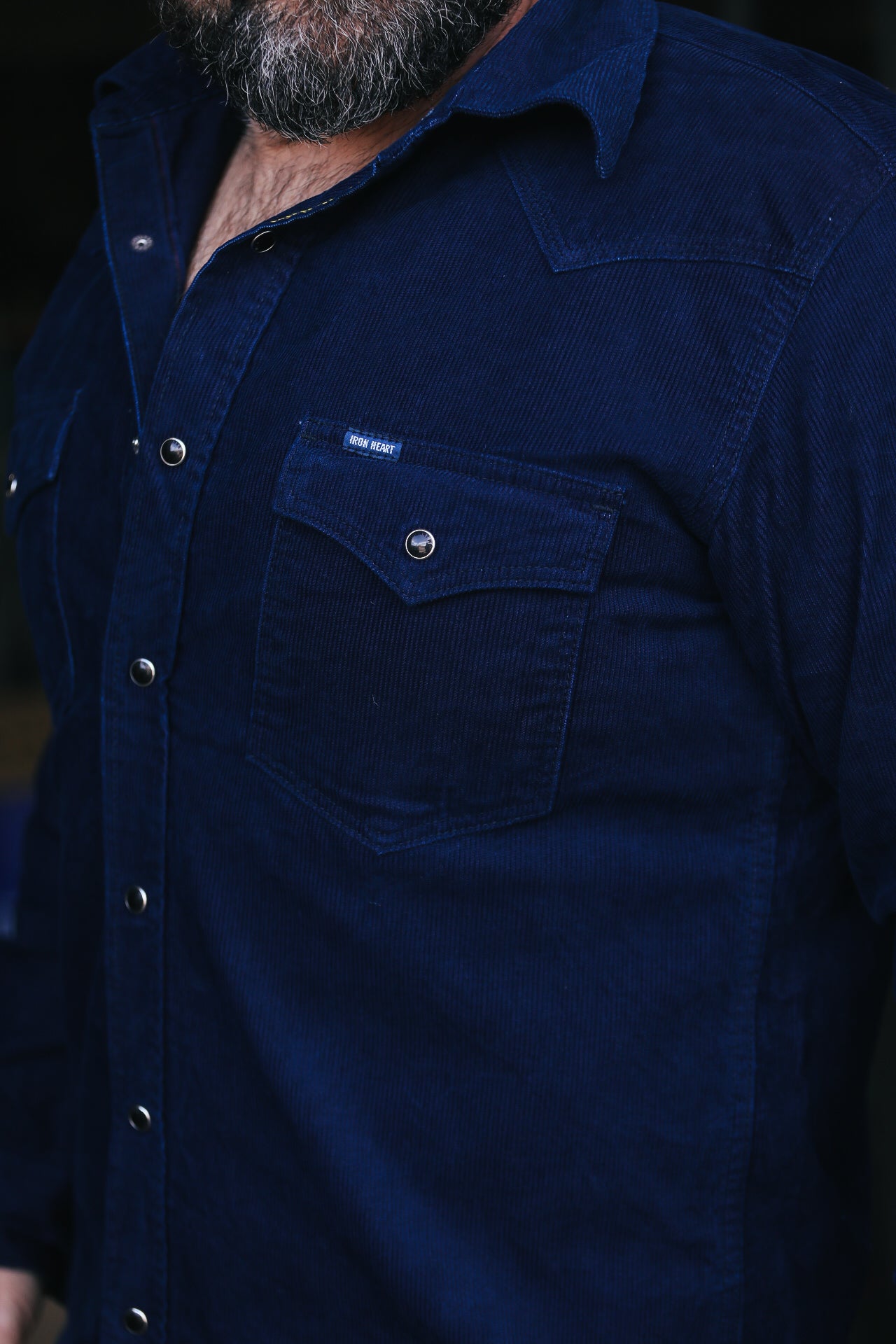 IHSH-438-IND Iron Heart 7.5oz Selvedge Corduroy Western Shirt - Indigo