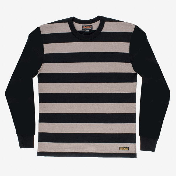 Iron Shop Provisions long sleeve crewneck shirt with black and gray horizontal stripes