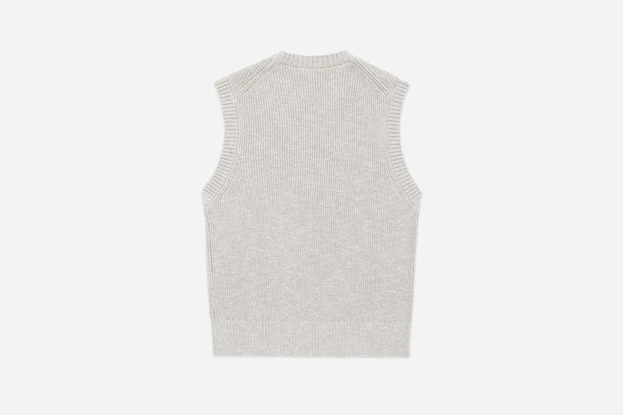 Natural marled yarn knitted sweater vest with ribbed edges, sleeveless design, laid flat on white background