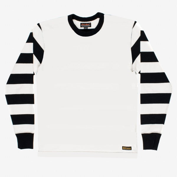 Long sleeve white shirt with black and white horizontal striped sleeves and black collar from Iron Shop Provisions