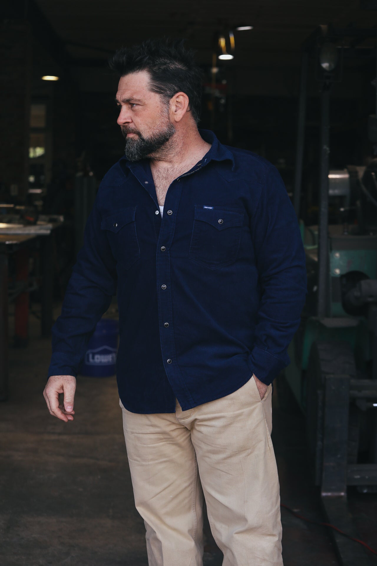 IHSH-438-IND Iron Heart 7.5oz Selvedge Corduroy Western Shirt - Indigo