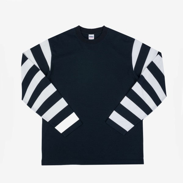 Black long-sleeve shirt with bold white horizontal stripes on sleeves, crew neck