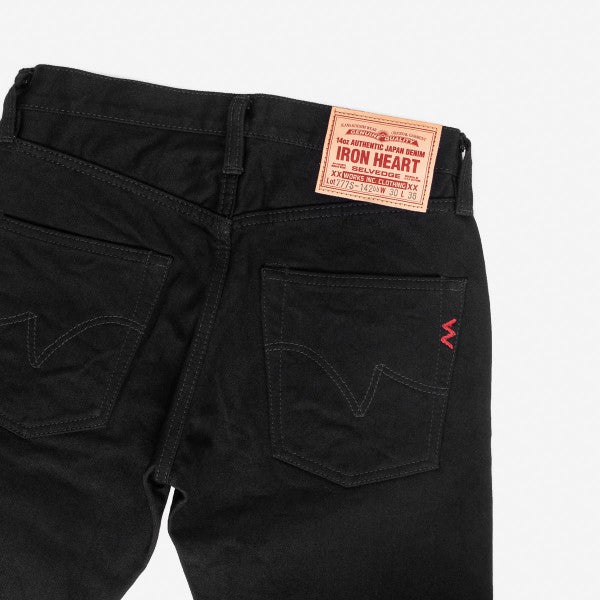 Black Iron Heart 14oz authentic Japan selvedge denim jeans with red stitching and leather brand patch