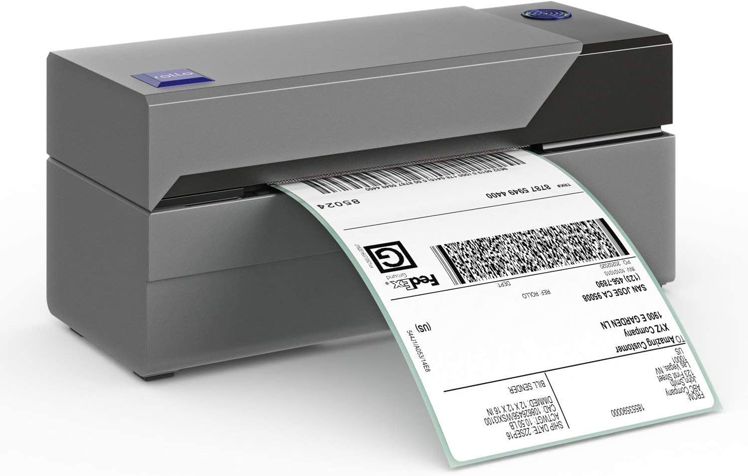 Compact gray label printer printing a FedEx shipping label for Iron Shop Provisions