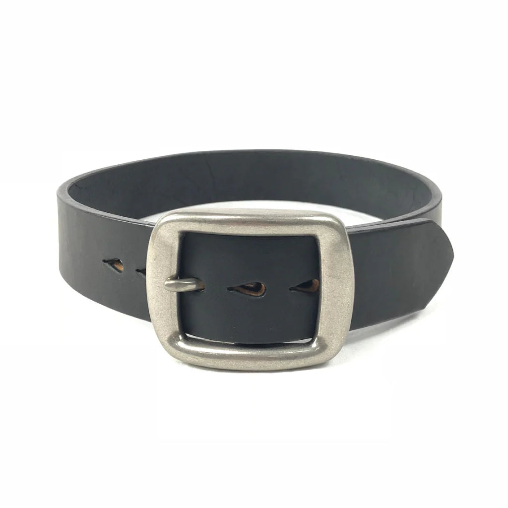 Black leather belt with a square brushed metal buckle, classic sturdy design by Iron Shop Provisions
