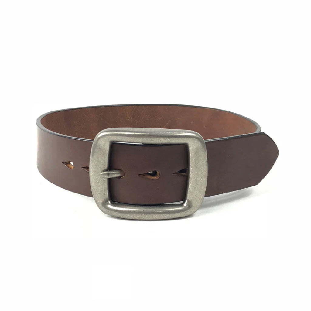 Brown leather belt with large rectangular metal buckle on white background