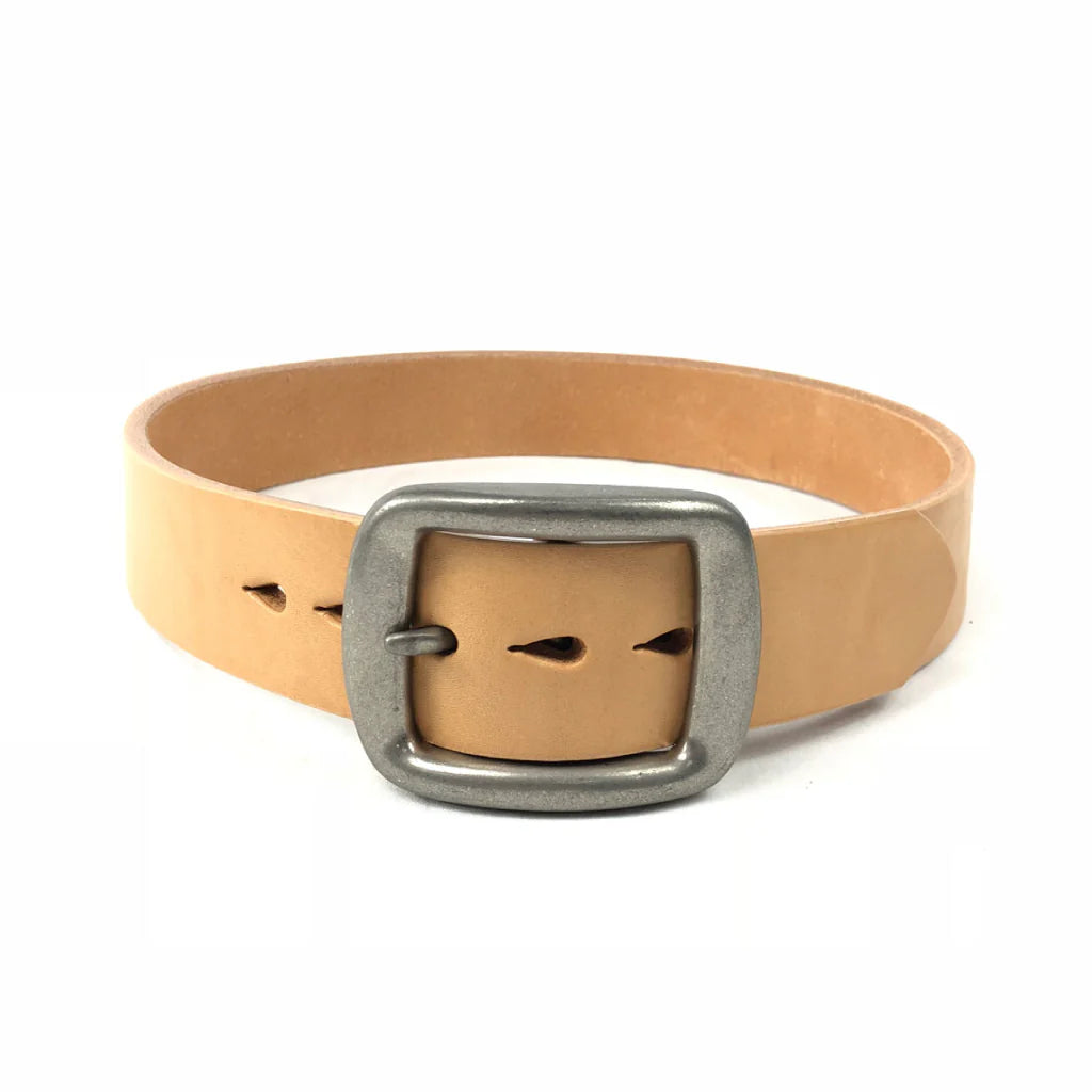 Natural tan leather belt with a brushed metal square buckle on a white background