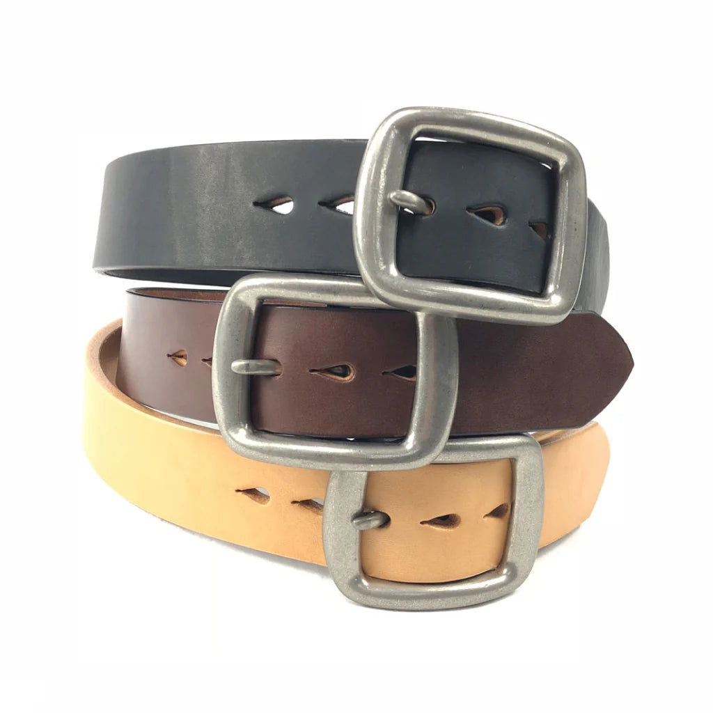 Stack of three leather belts in black, dark brown, and tan with square silver buckles from Iron Shop Provisions