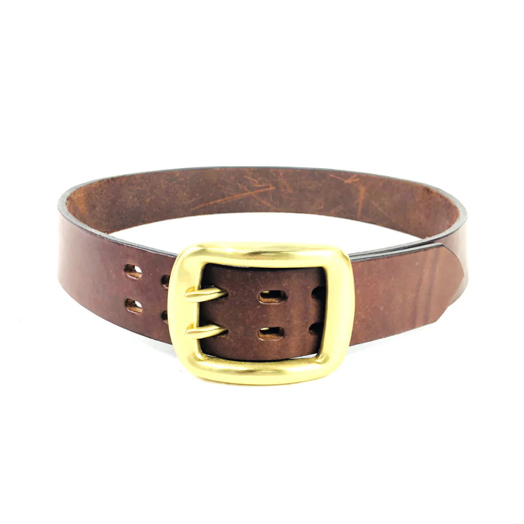 Brown leather belt with double prong brass buckle, vintage style accessory
