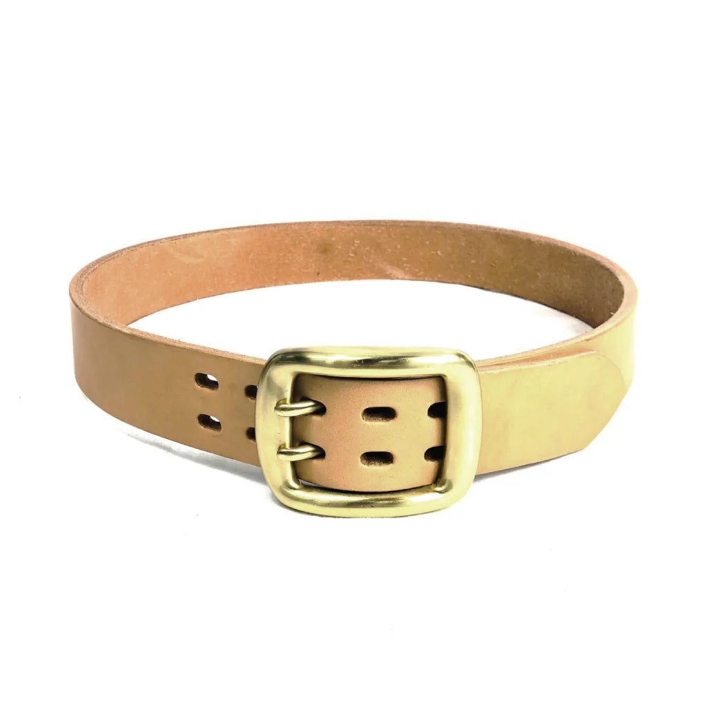 Natural leather belt with polished brass double prong buckle on white background