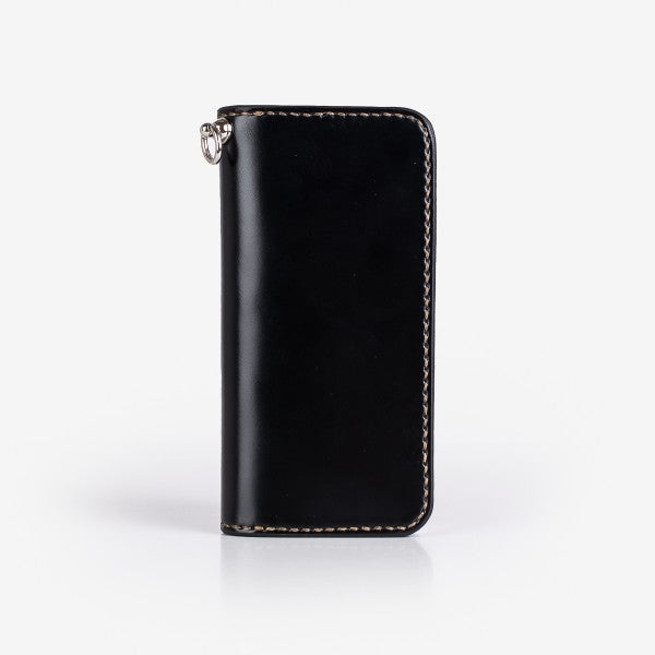 Black leather zippered wallet with visible stitching on white background
