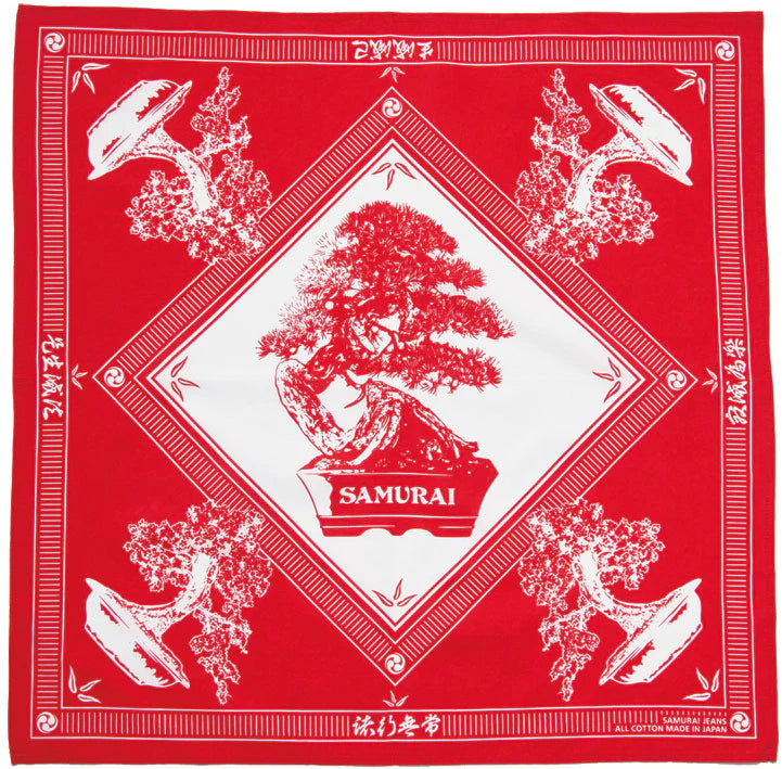Red Samurai bandana with white bonsai tree design and Japanese characters, cotton fabric