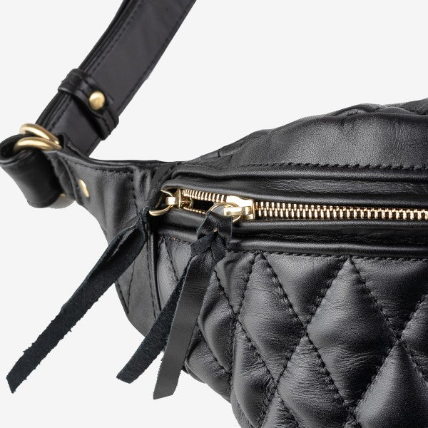 IHE-45-BLK Iron Heart Diamond Stitched Leather Waist Bag - Black