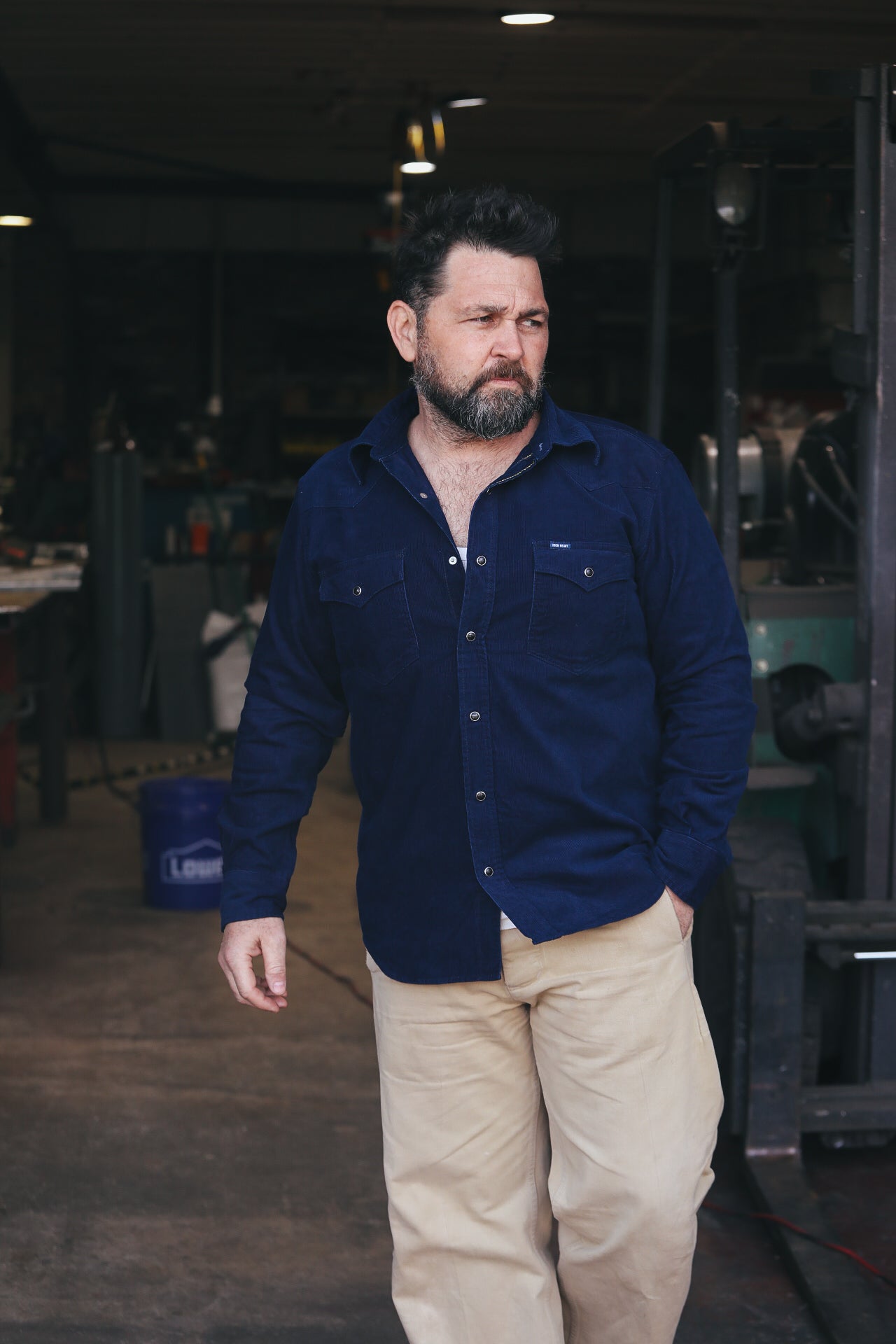 IHSH-438-IND Iron Heart 7.5oz Selvedge Corduroy Western Shirt - Indigo