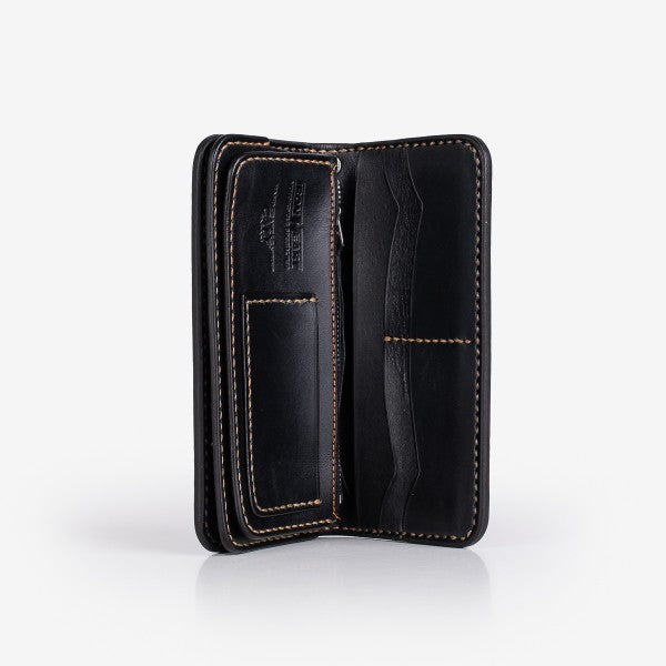 Black leather wallet with tan stitching, open to show multiple card slots inside on white background