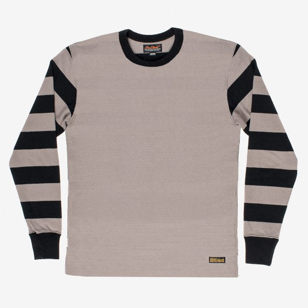 Iron Shop Provisions long-sleeve crewneck shirt with grey body and black striped sleeves on white background