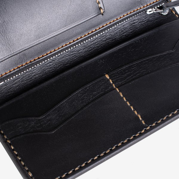 Close-up of black leather wallet interior with stitching, card slots, and zippered compartment