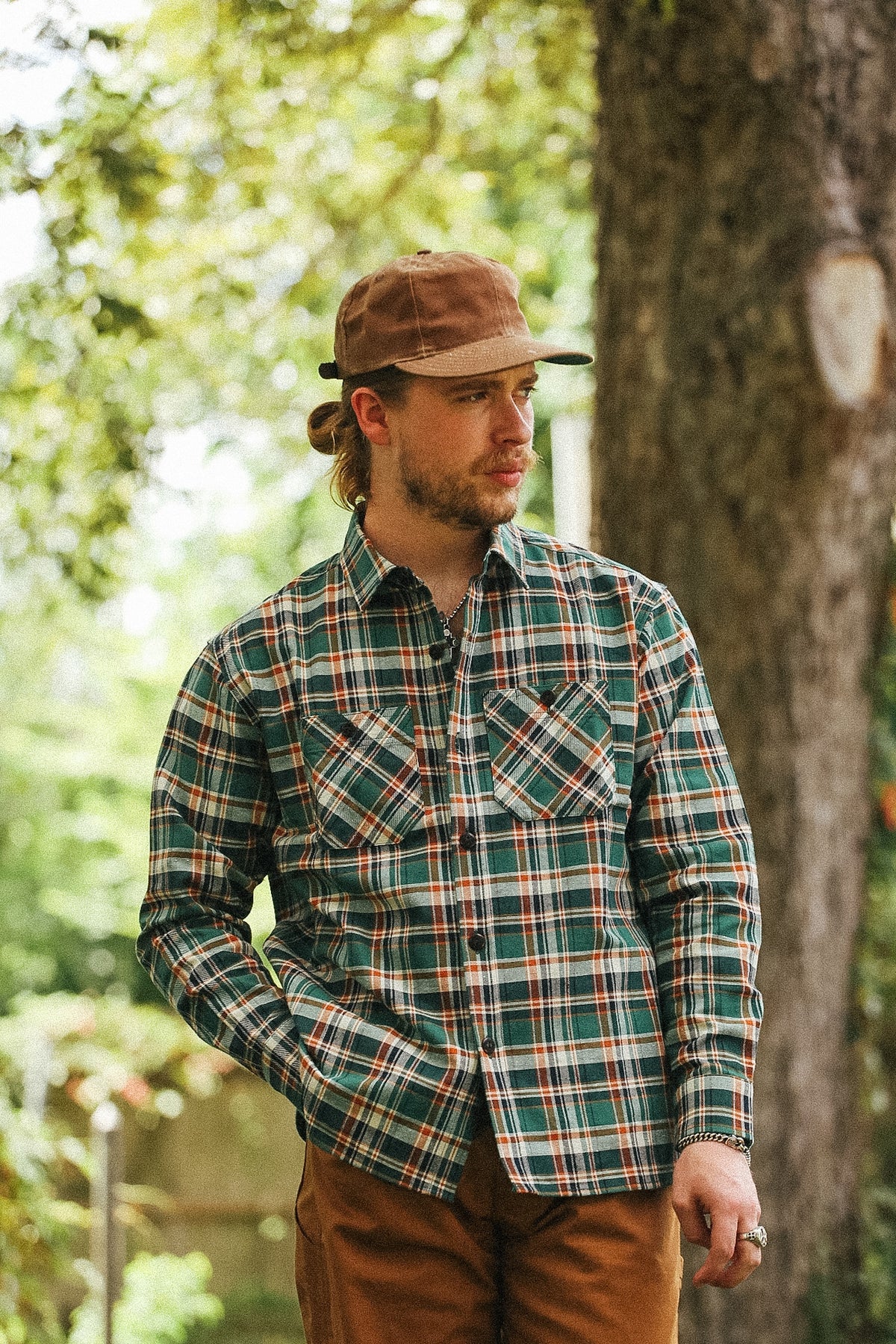 A man wearing a green and brown plaid long-sleeve button-up shirt, brown pants, and a brown cap, standing outdoors in front of a tree.