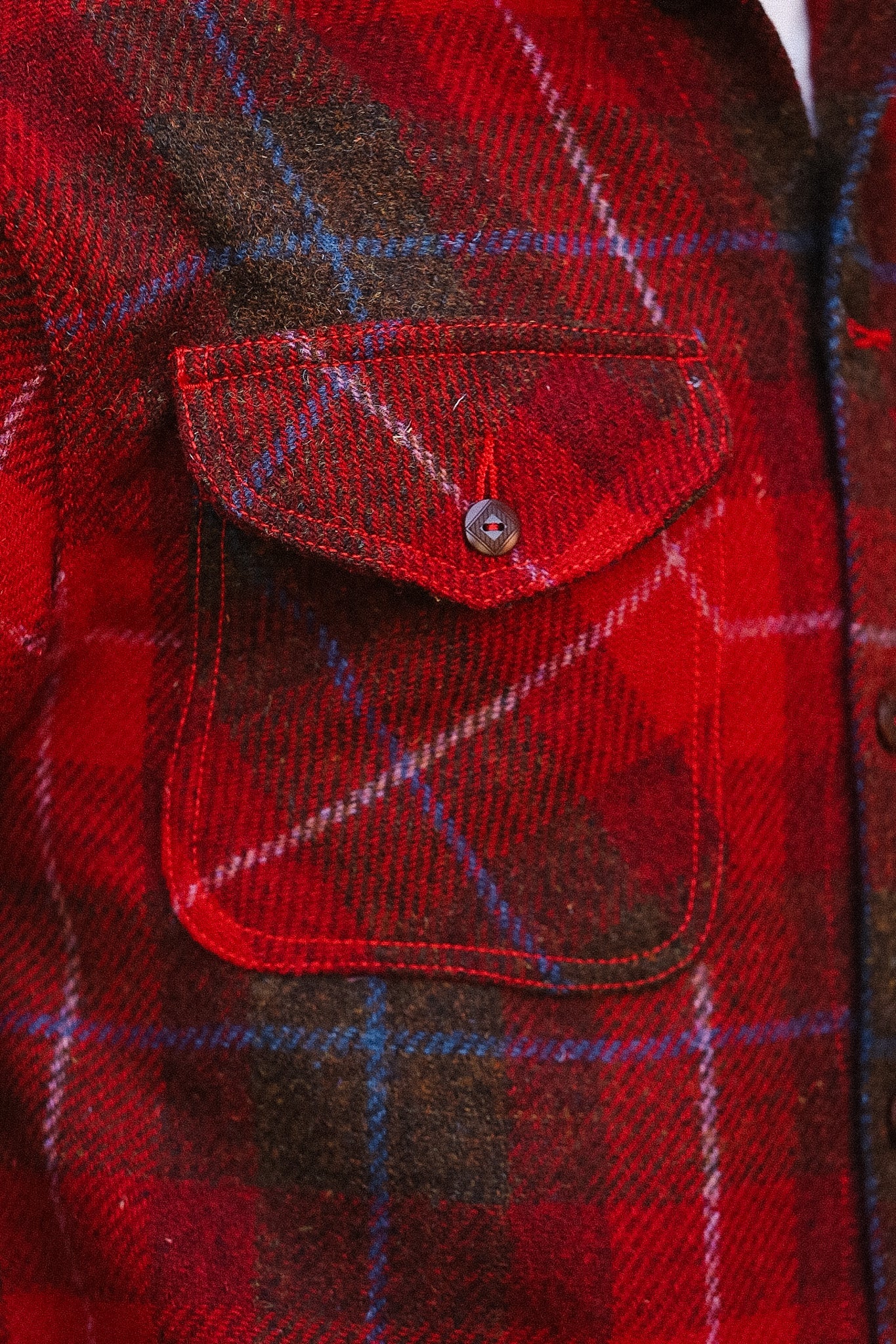 Close-up of a red plaid shirt with a pocket
