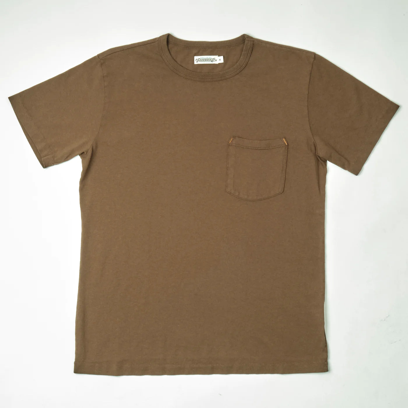 Brown short-sleeve crew neck pocket t-shirt laid flat on white background from Iron Shop Provisions