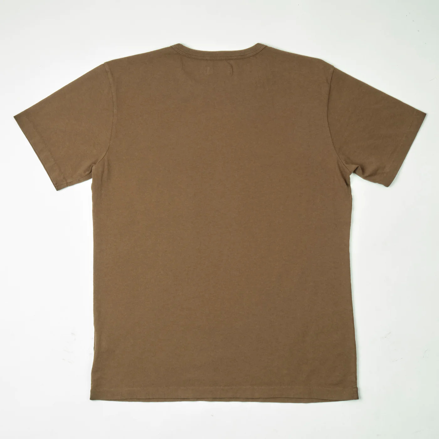 Brown short-sleeve t-shirt laid flat on white background back view Iron Shop Provisions