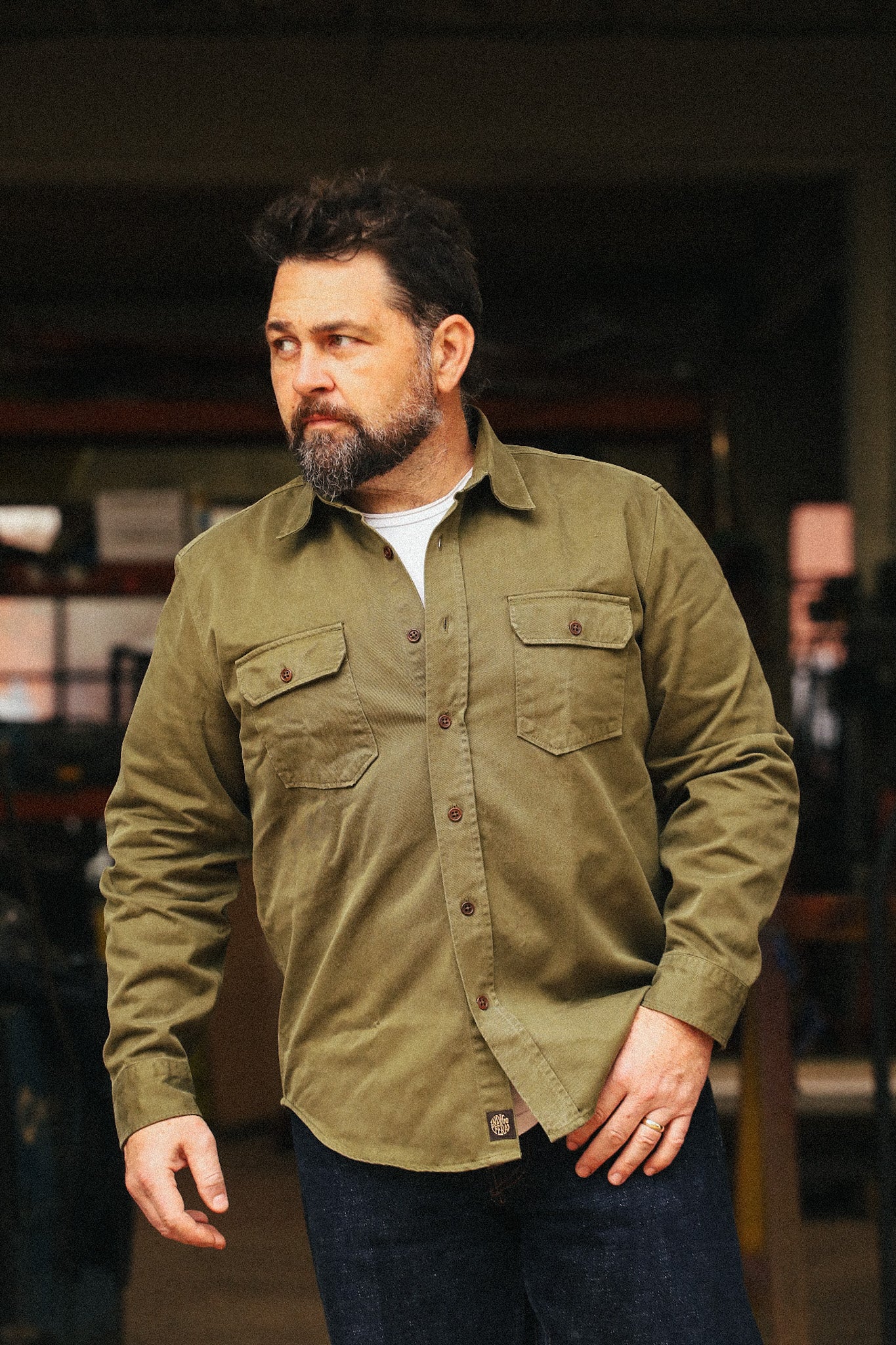 man wearing Alamo 9.6oz Cotton Twill- Olive