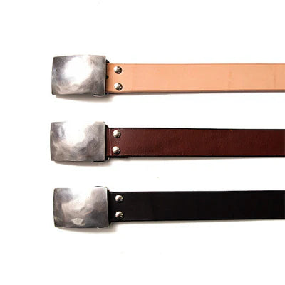 Three leather belts in natural, brown, and black with hammered metal buckle, Iron Shop Provisions