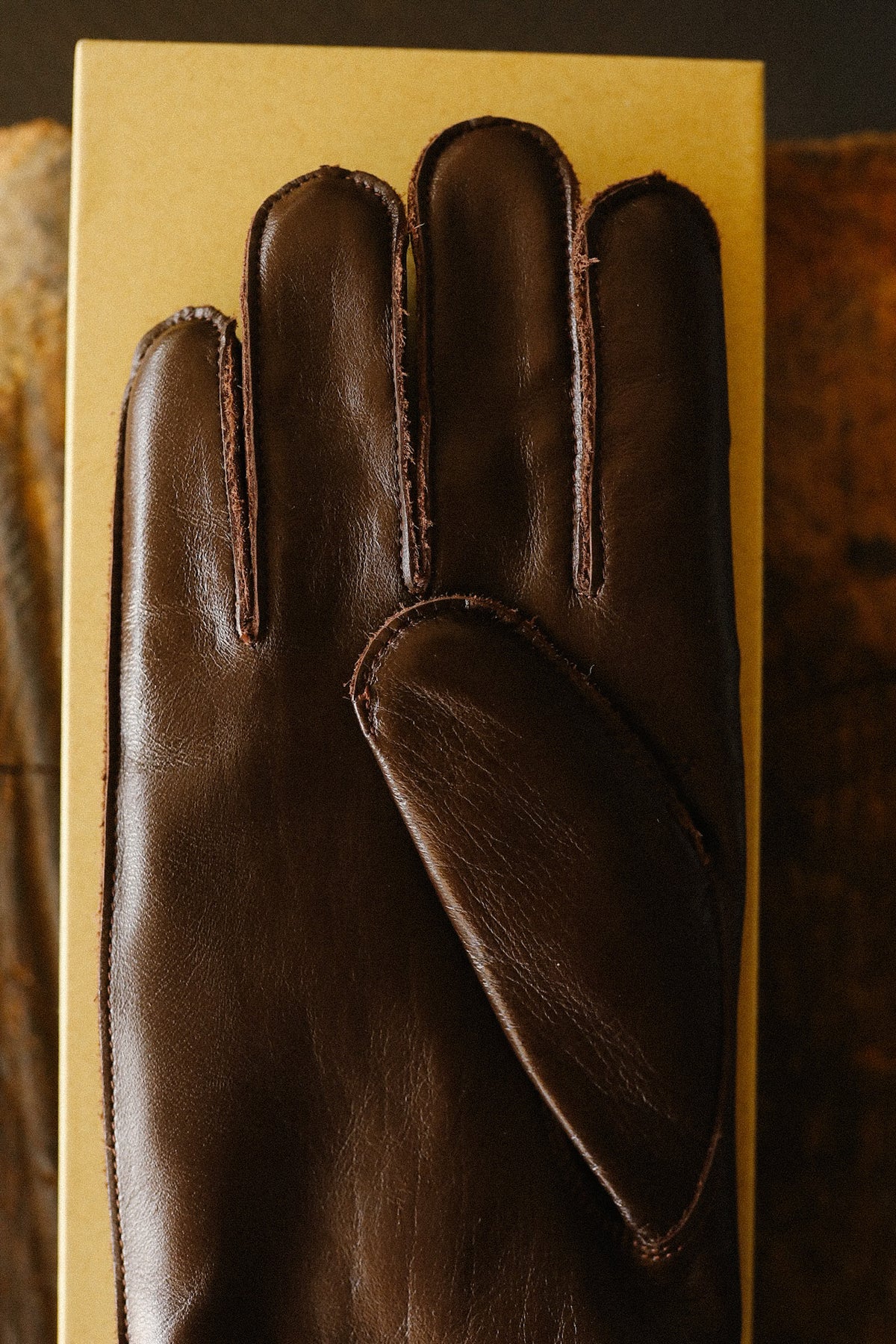 brown leather gloves on a yellow background