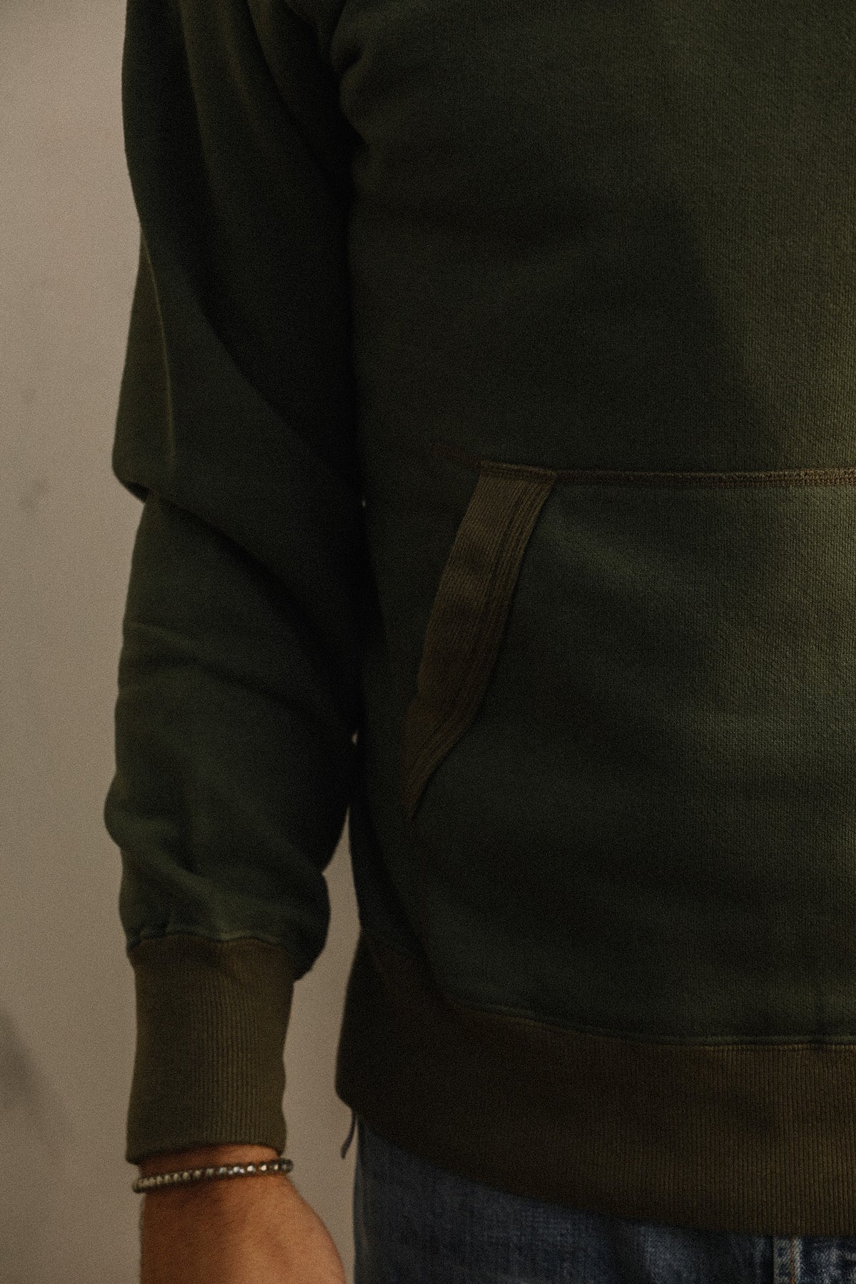 Close up detail of a dark green sweater 