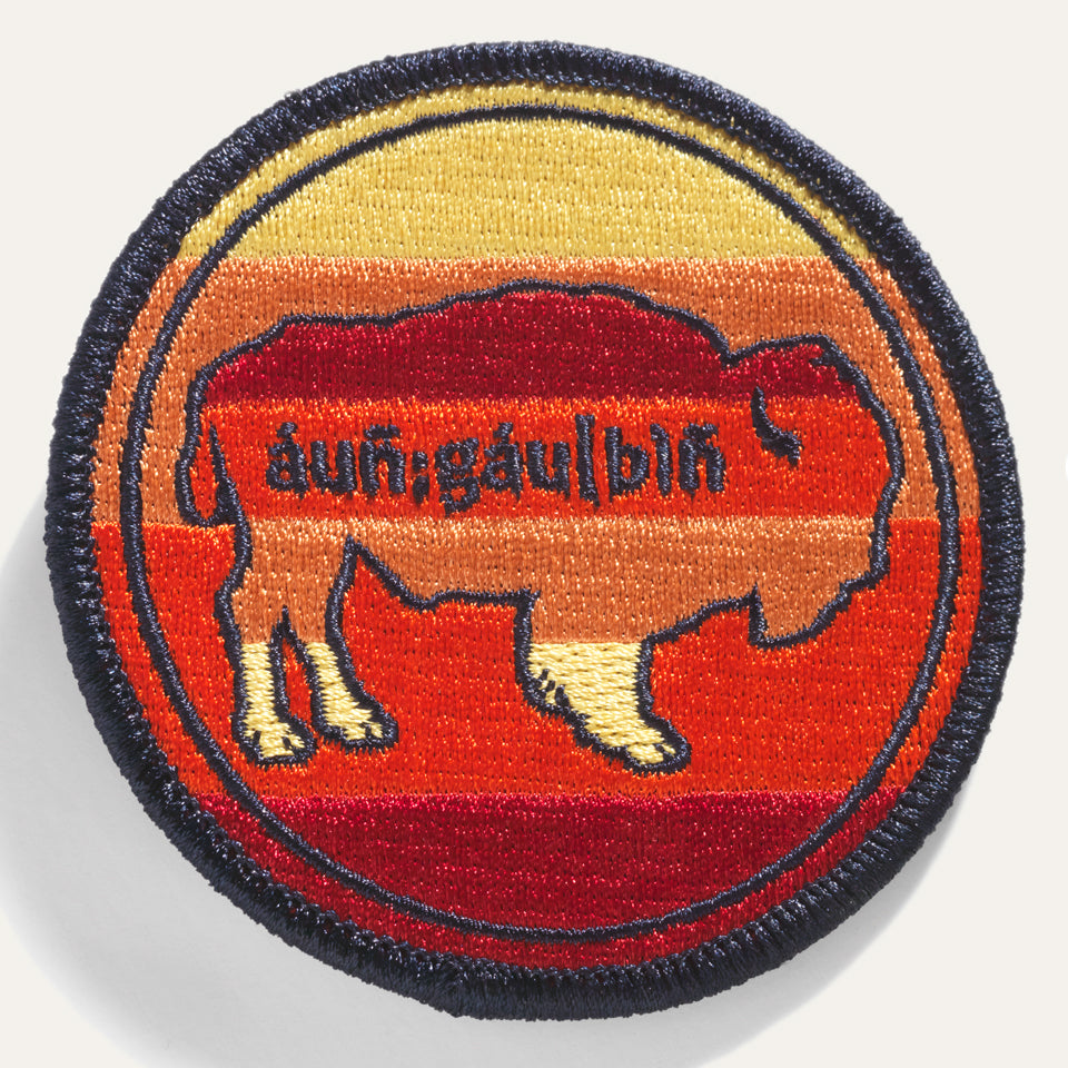 Round embroidered patch with a bison silhouette in warm orange, yellow, and red stripes, black border