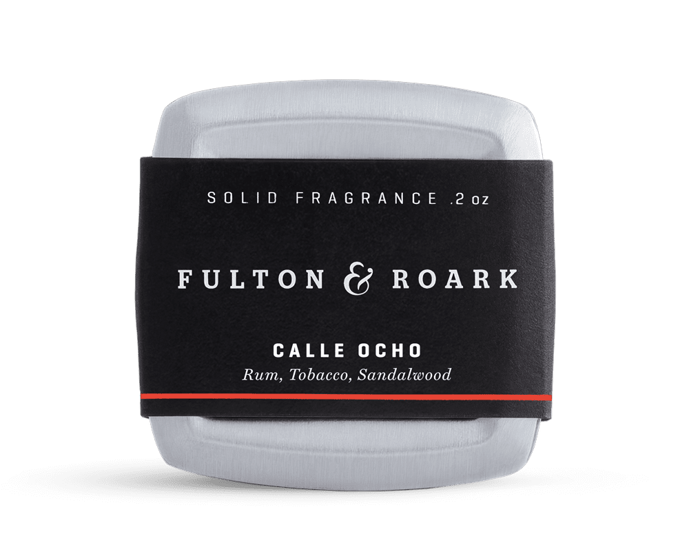Fulton & Roark Calle Ocho solid fragrance tin with black label featuring rum, tobacco, sandalwood scent, 0.2 oz