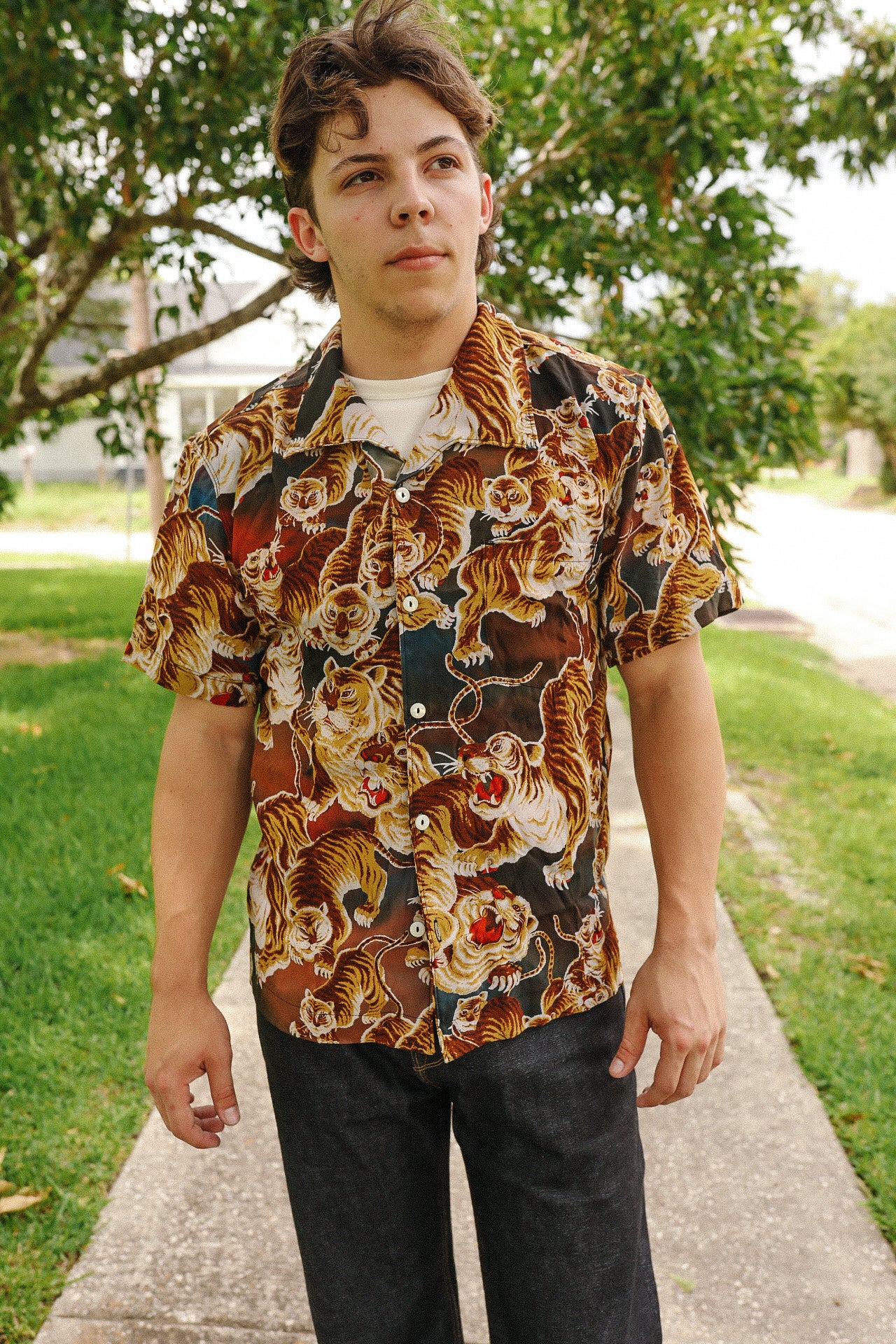 Young man wearing a tiger print short sleeve button-up shirt standing outdoors on a walkway with green grass and trees