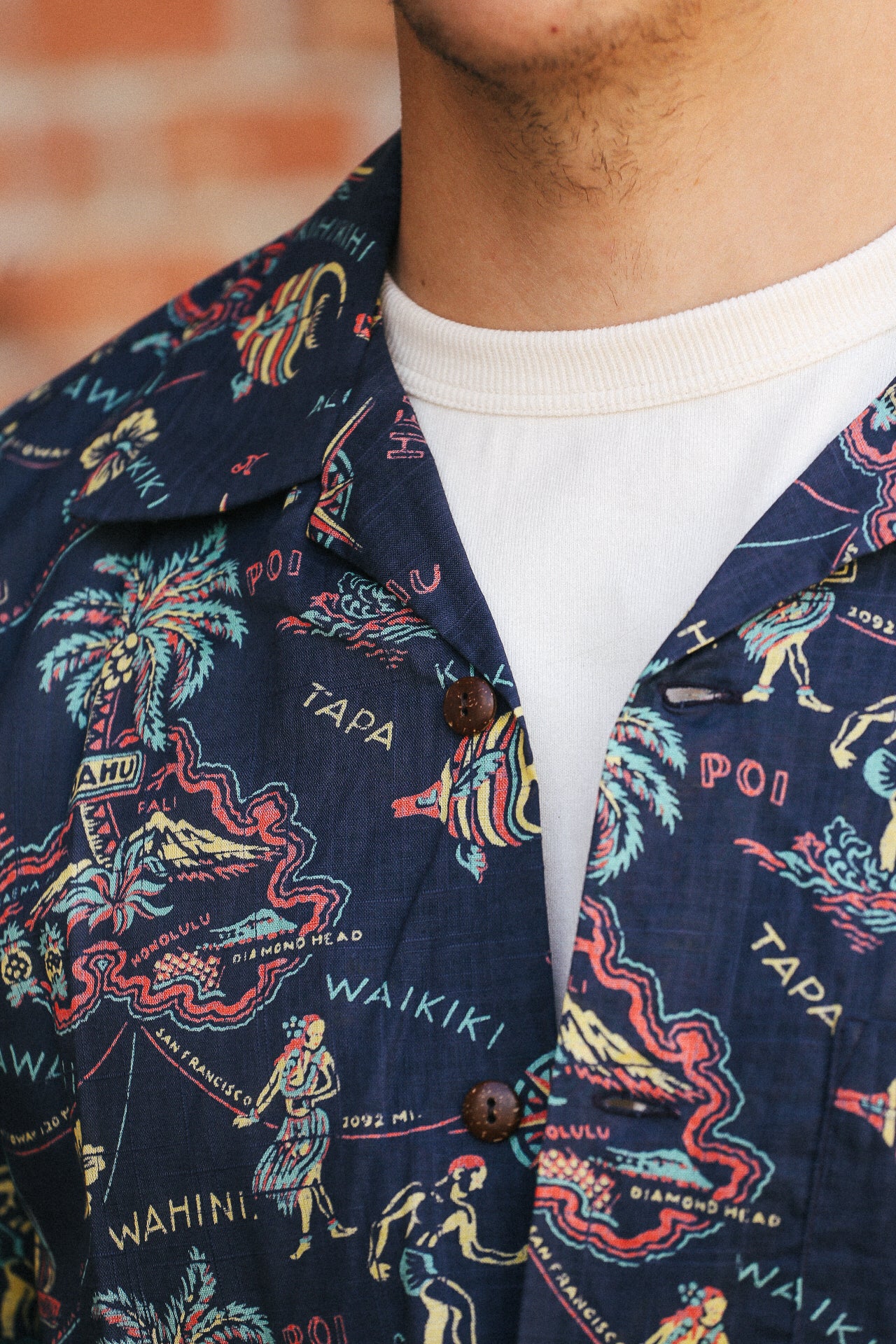 Close-up of navy Hawaiian shirt with colorful map and tropical print over white crew neck shirt