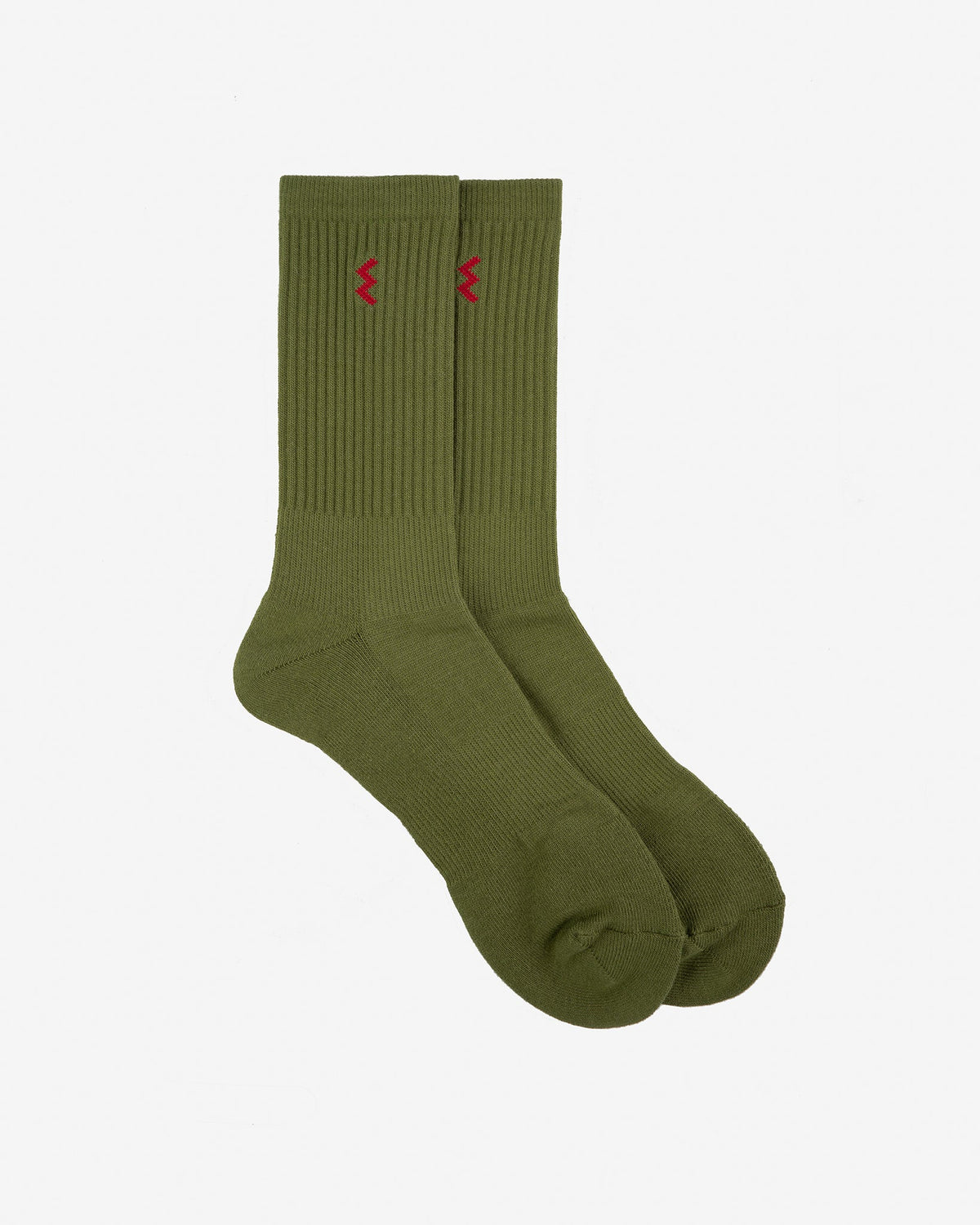 Pair of olive green ribbed crew socks with small red zigzag logo on each cuff