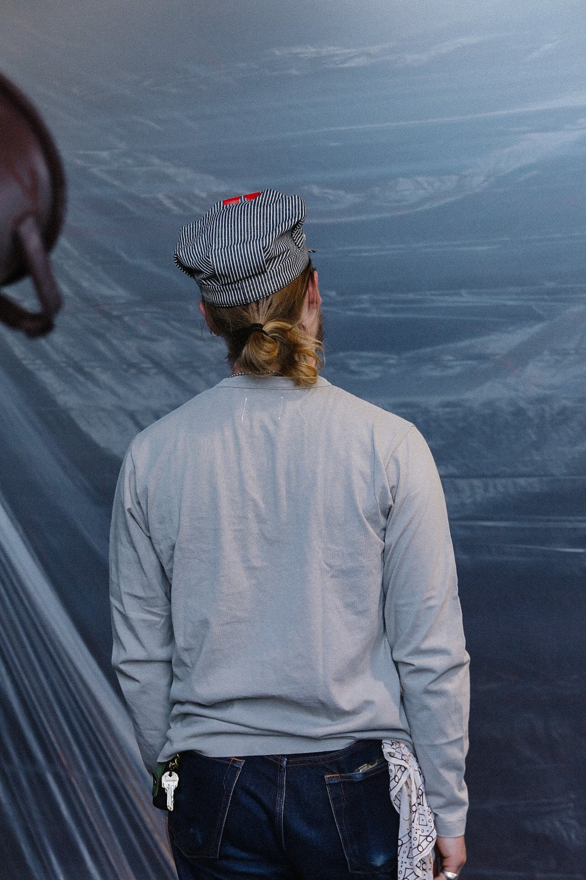 close up detail of a long sleeve grey t-shirt