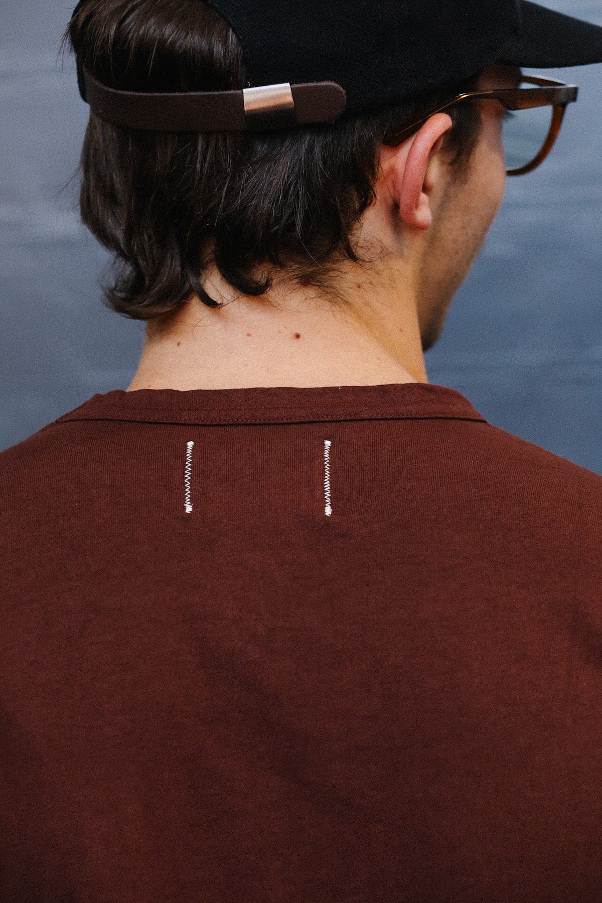 close up detail of Burgundy t-shirt