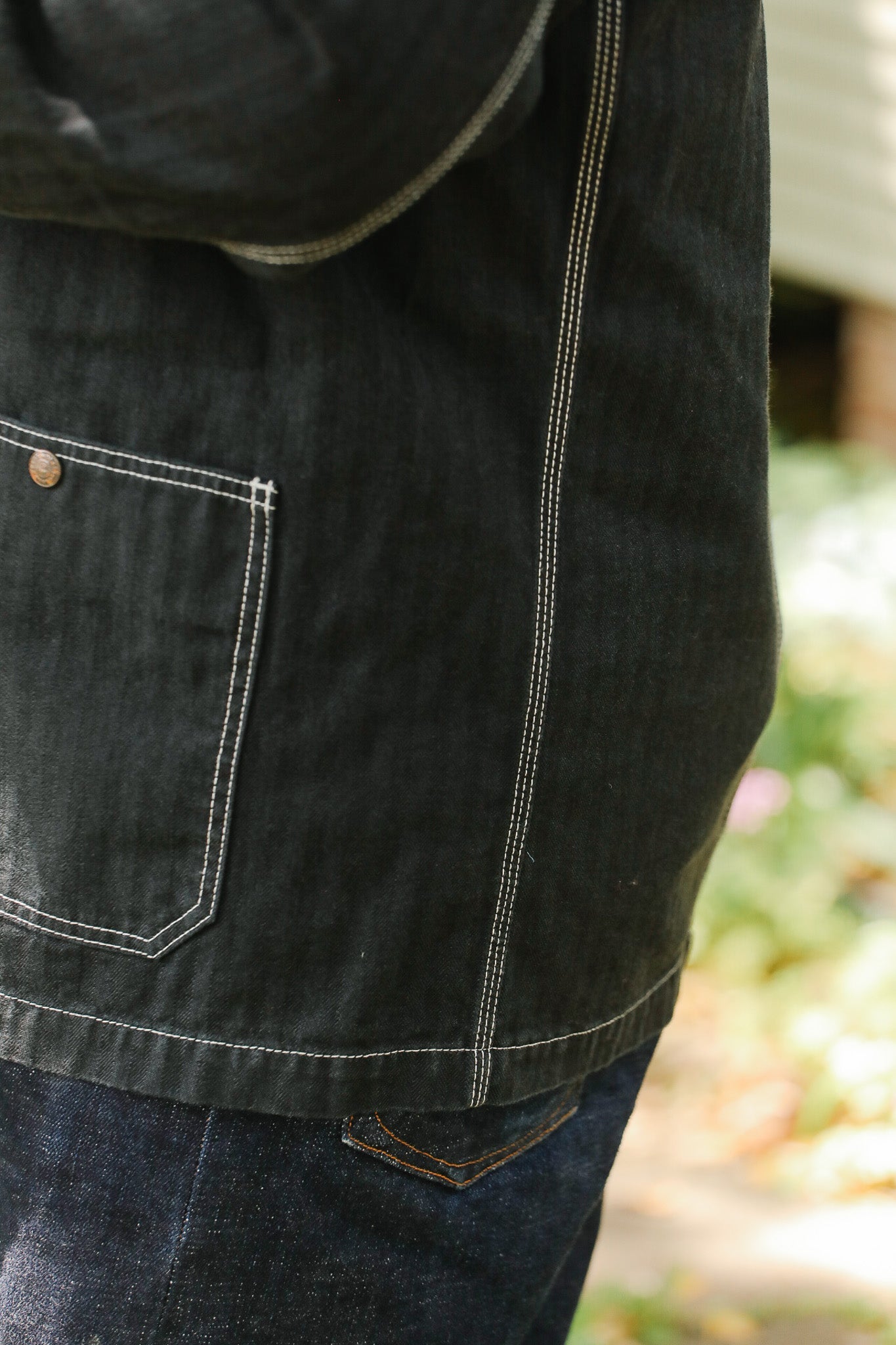 IHJ-158-BLK Iron Heart 10.5oz Herringbone Collarless Chore Jacket - Black Overdyed Black
