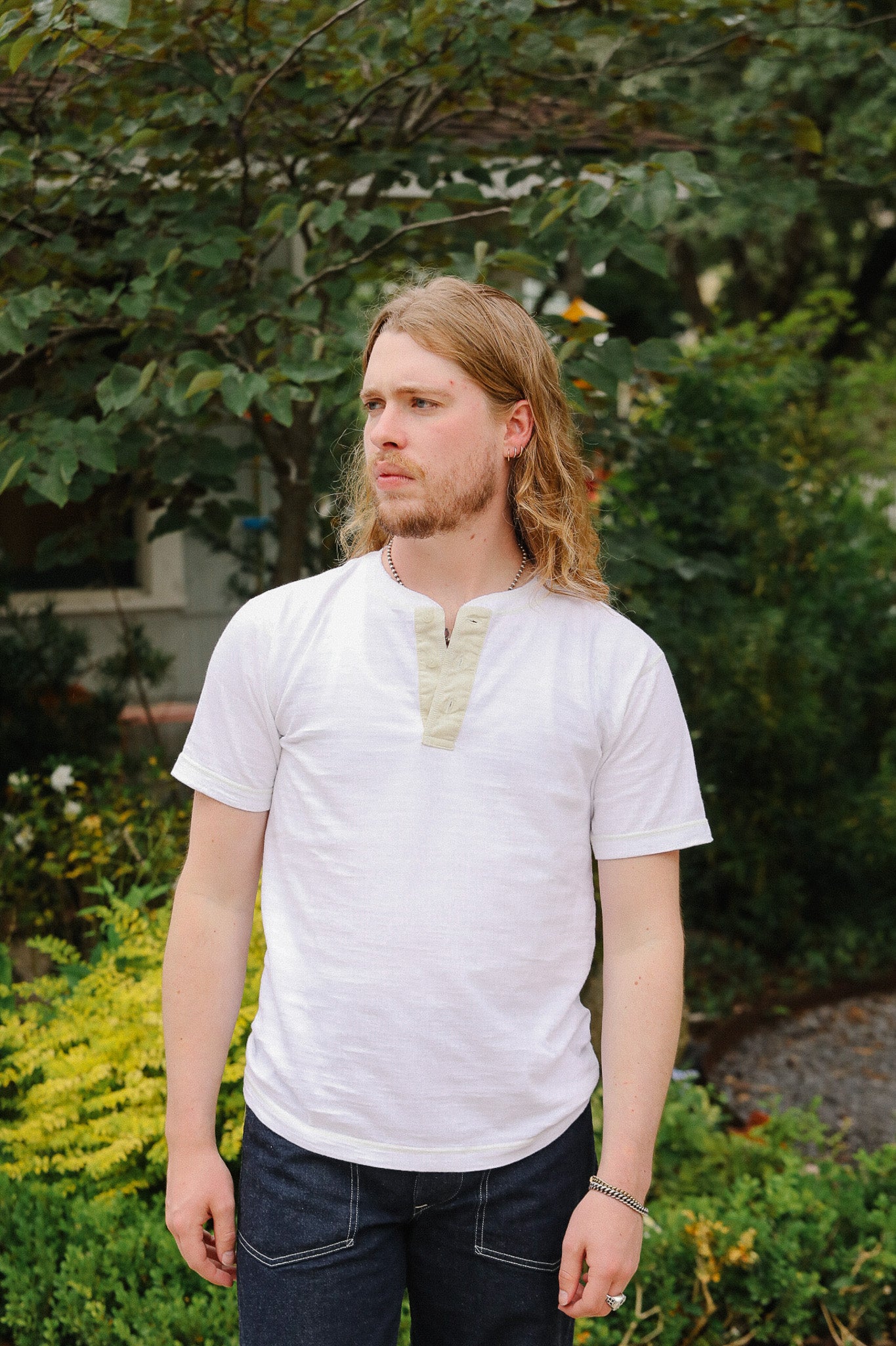 BR79192 Buzz Rickson Slub Yarn Henley Neck T-Shirt- White