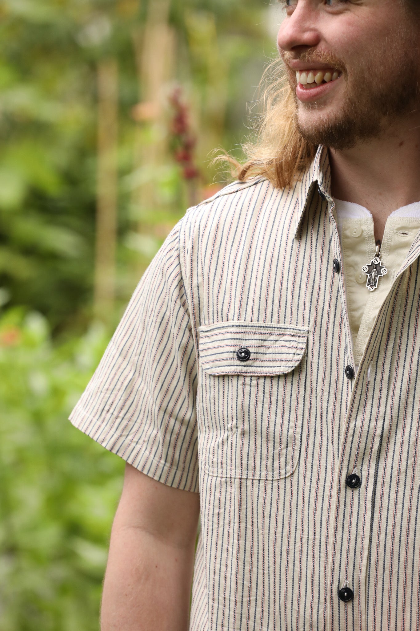 SC39306 Sugar Cane Short Sleeve Work Shirt- Dobby Stripe White